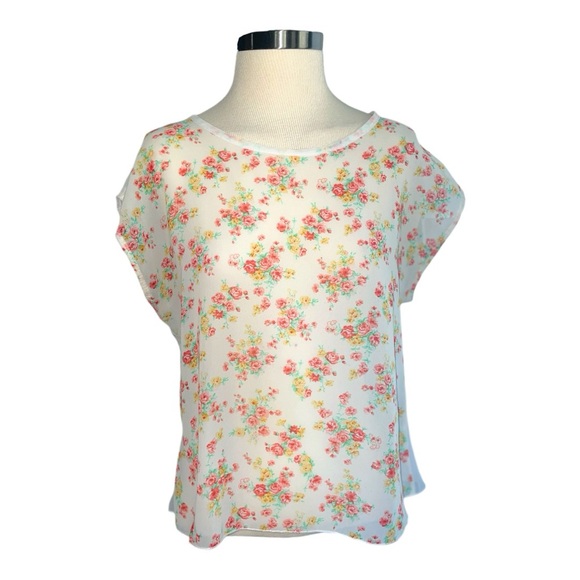 April U.S.A floral sheer blouse size medium back tie short sleeve see thru - Picture 1 of 13